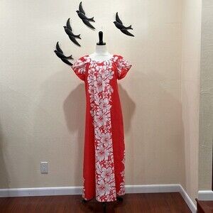 Vintage AIKANE Hawaii Red & White Hibiscus Aloha Print Maxi Dress Muumuu  - 14 /